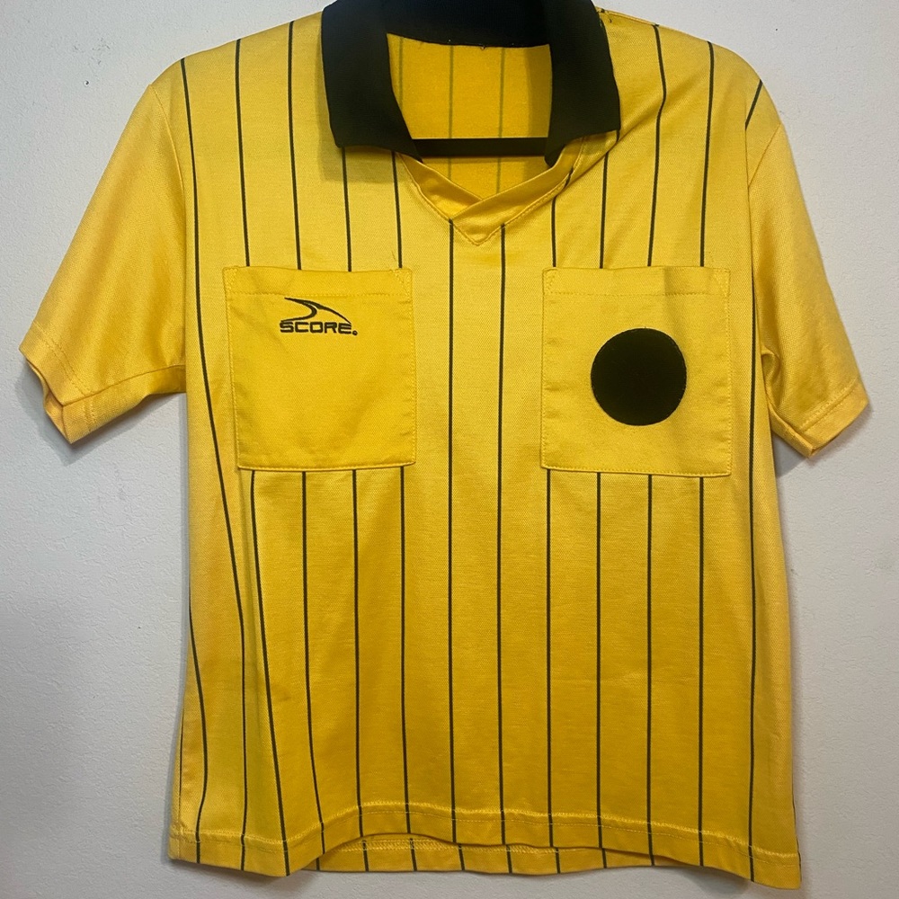 Score jersey soccer shirt size medium, bright yellow with black stripes.